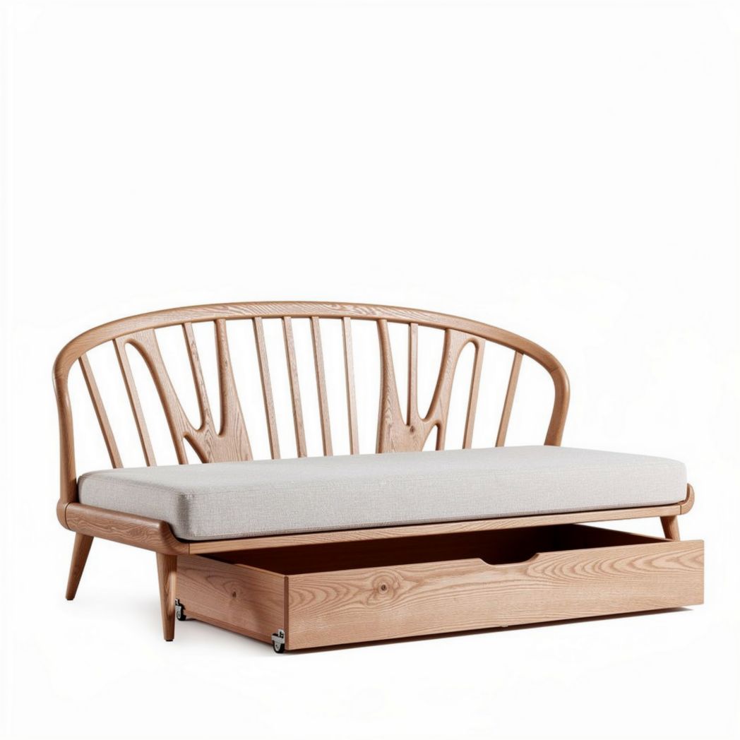 Divano in legno naturale con cassetto e cuscino grigio 200 x 90 x 80cm