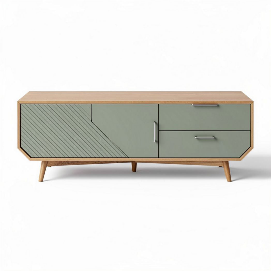 Mobiletto soggiorno in legno con finitura verde e linee geometriche 120 x 40 x 50cm
