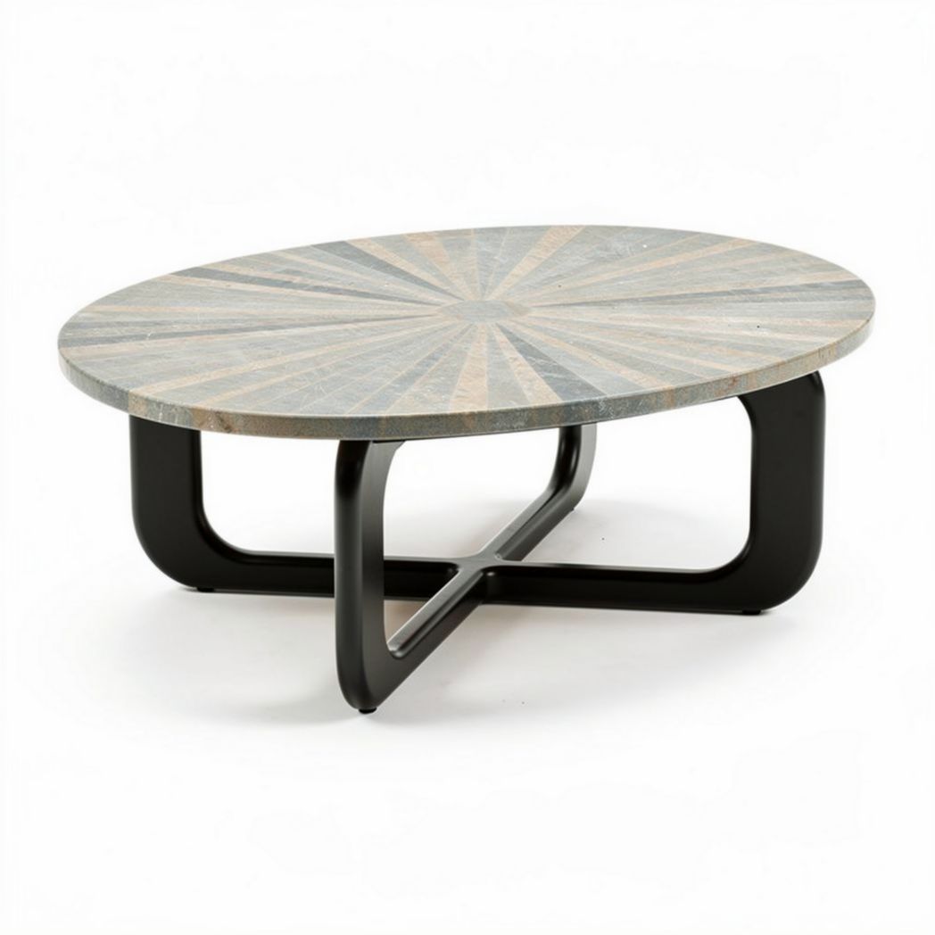 Tavolino da caffè ovale in marmo multicolore con base nera 100 x 60 x 35cm